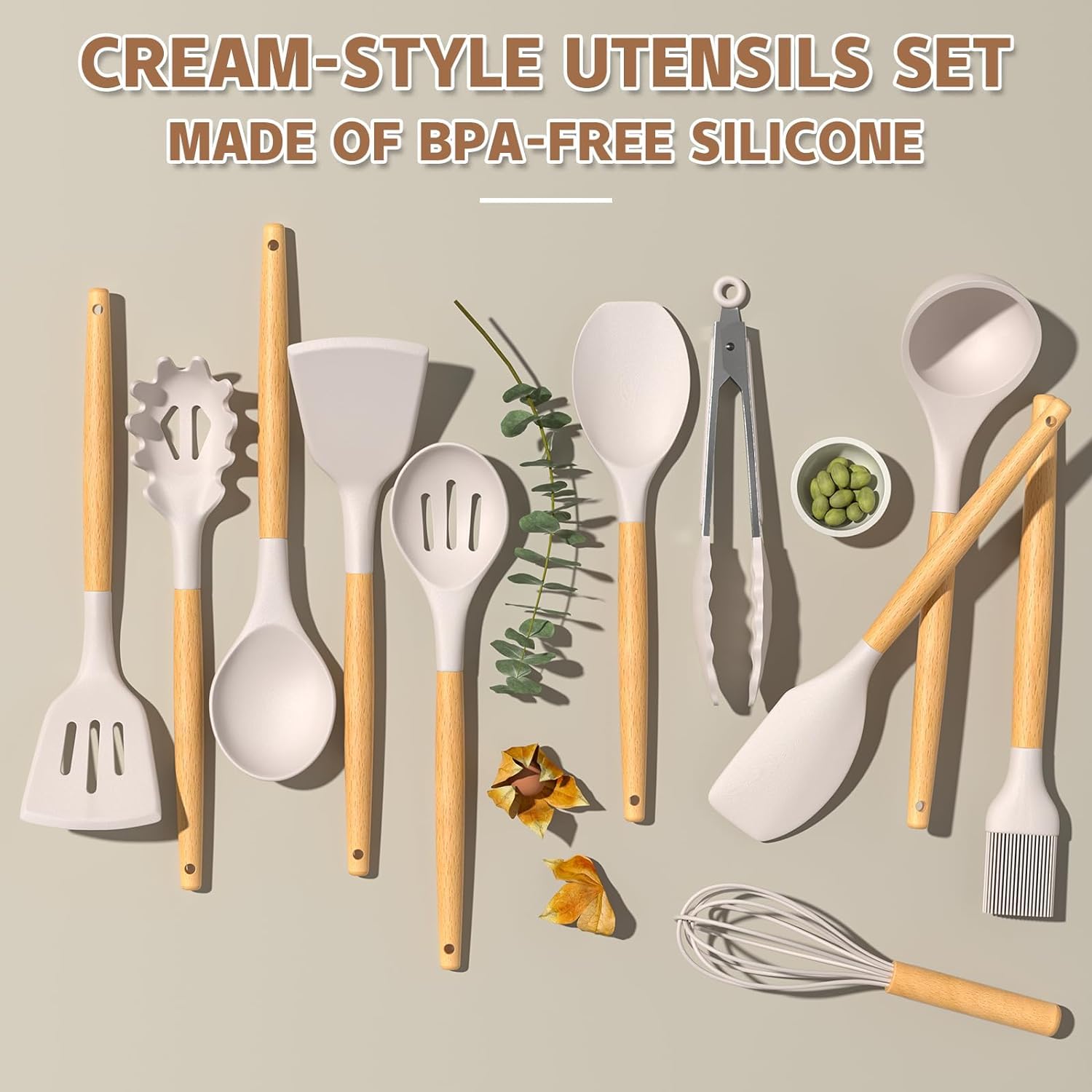 Kitchen Cooking Utensils Set, 33 pcs Non-Stick Silicone Cooking Kitchen Utensils Spatula Set with Holder, Wooden Handle Silicone Kitchen Gadgets Utensil Set (Khaki)