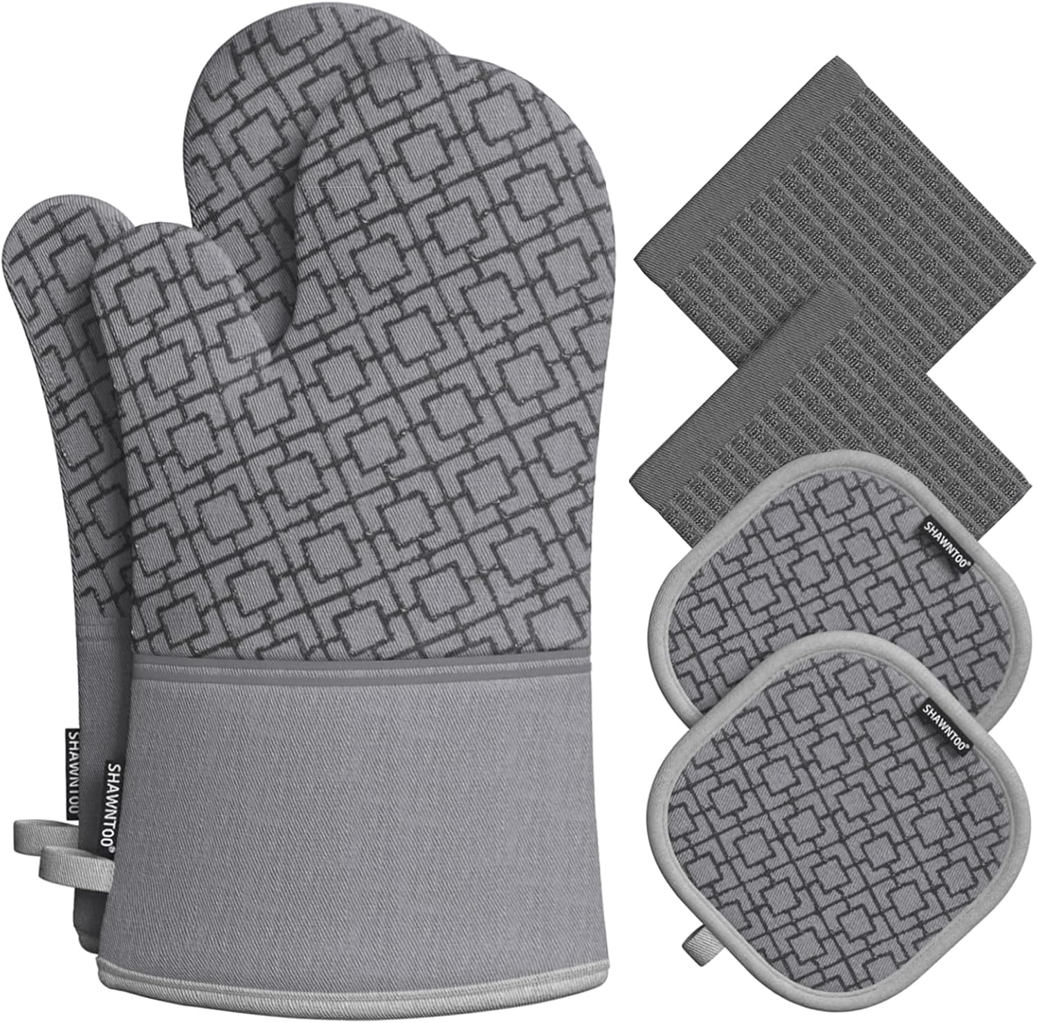 Oven Mitts and Pot Holders Sets 6pcs, Kitchen Oven Glove,High Heat Resistant 550 Degree Extra Long Oven Mitts and Potholders with Non-Slip Silicone Surface for Home Essentials (Grey) (Gray)